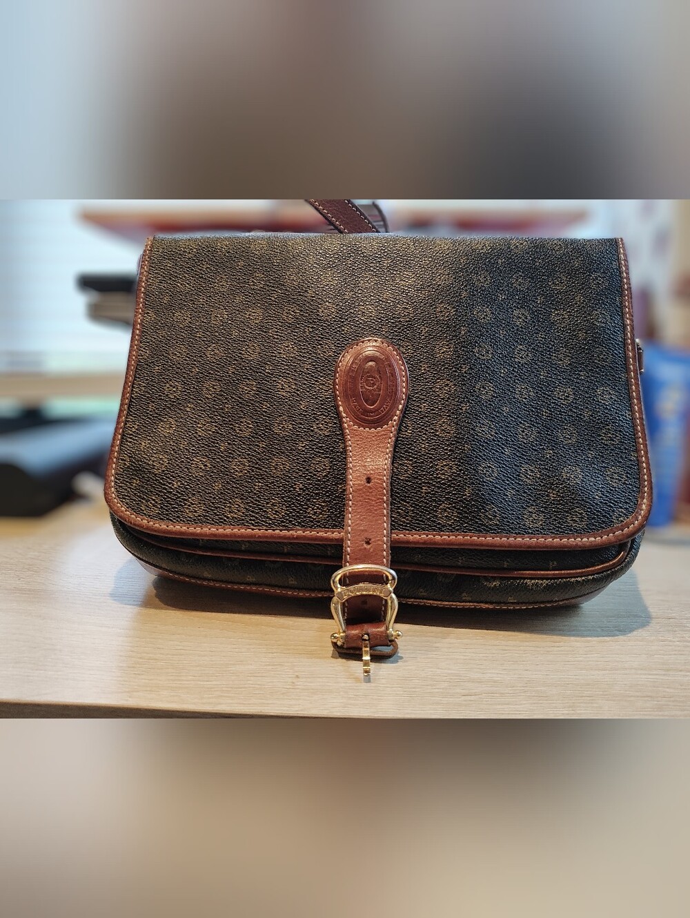 Pollini Brown Monogram Leather Crossbody Bag with Gold Hardware